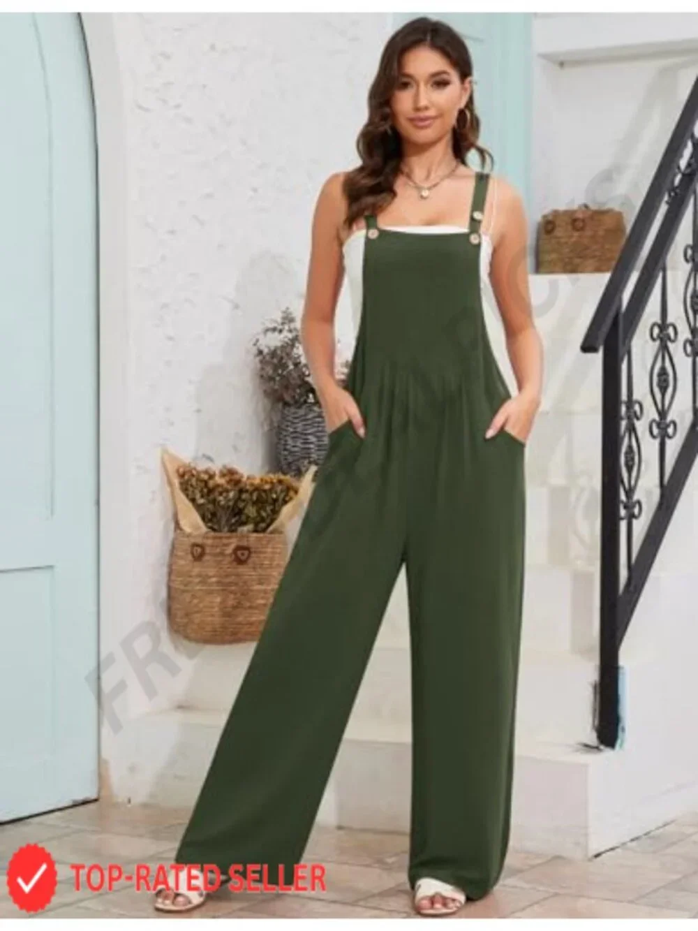 Women's Cotton Linen Loose Fit Bib Overalls Wide Leg Jumpsuit Casual Summer